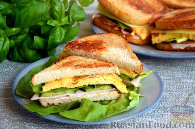 хлеб для тостов, ветчина, сыр твёрдый, яйца, огурцы, листья салата, молоко, масло сливочное, майонез, соль, перец чёрный молотый