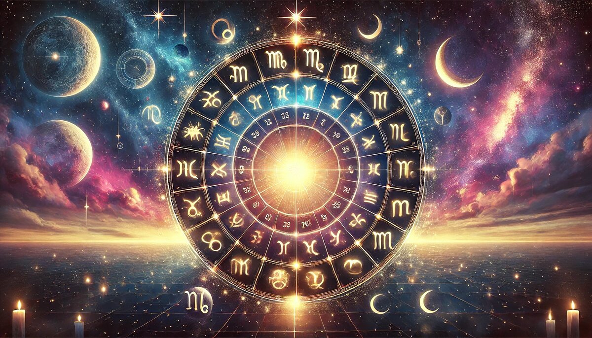 Иллюстрация "Гороскоп на сегодня — 1 мая 2025" с кругом 12 знаков зодиака на фоне космоса и рассвета