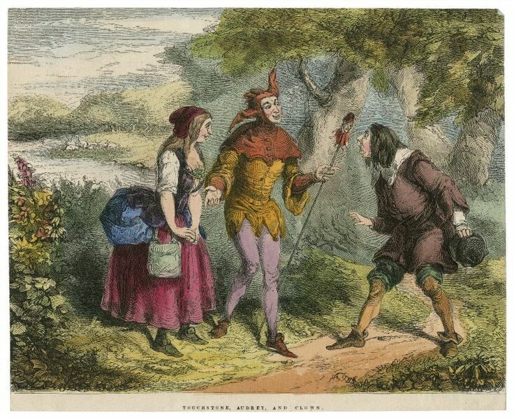 Тачстоун, Одри и Шут в пьесе Уильяма Шекспира Как вам это понравится, акт V, сцена 1. Художник — Томас Генри Николсон; гравёр — Чарльз Уильям Ширес. Библиотека Шекспира Фолджера.