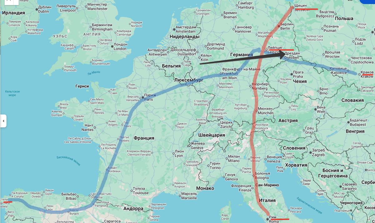 Лейпциг - перекресток двух дорог. Черная стрелка - путь американцев от Ремагена до Торгау