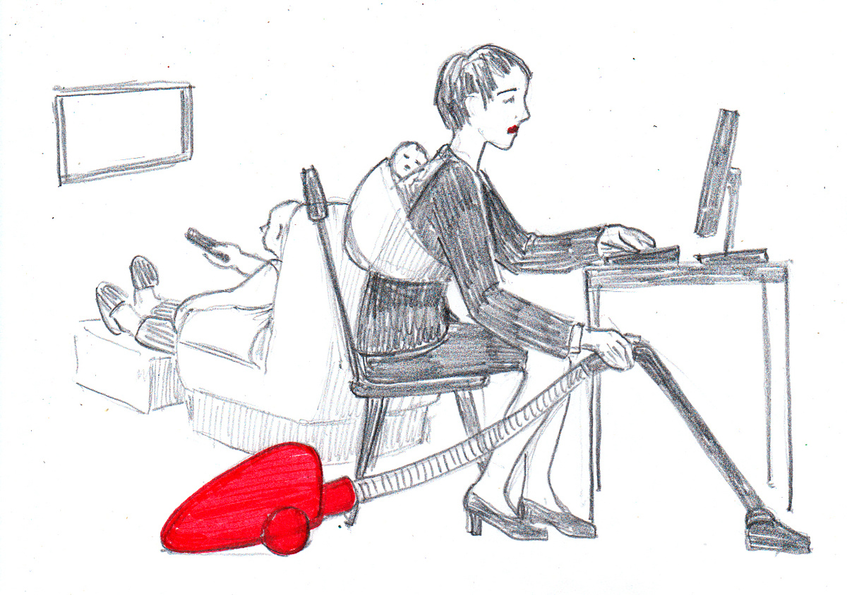 Работает, заботится о ребёнке и содержит дом в чистоте....  Такой образ современной женщины нам показала художник Полина Белозёрова