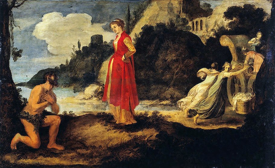 После долгих скитаний море выбрасывает Одиссея на берег, где он предстает перед царевной Навсикаей в жалком и беспомощном виде. Картина Питера Пауля Рубенса. 