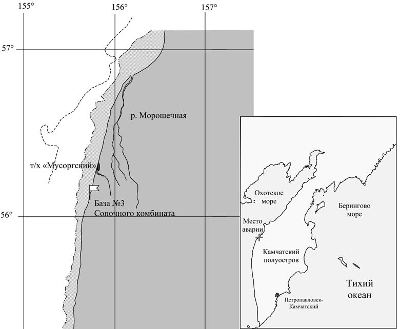 Место аварии теплохода «Мусоргский» 13 октября 1952 года