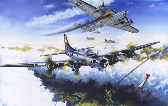 Поврежденный атакой немецкого реактивного истребителя американский бомбардировщик N-17 "Летающая крепость". Упадет он на землю Германии, или долетит до базы - это на совести автора рисунка