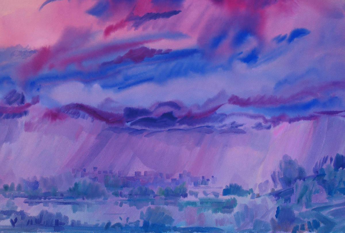 Сергей Галета. ГРОЗА НА ЗАРЕ. Бумага, акварель, гуашь 65х85 см. 2023 г