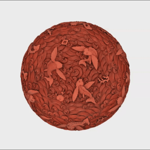 Резная красная лаковая шкатулка с узором летучих рыб и морской воды (гиф)