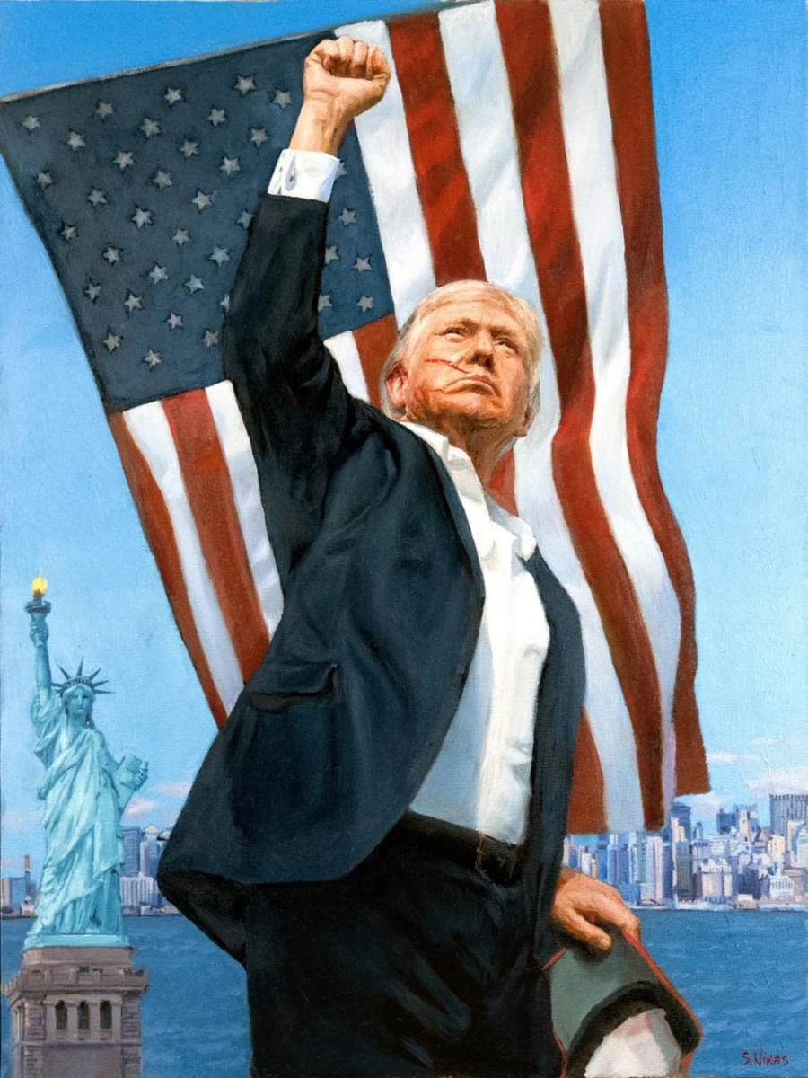 Все поделились. поделюсь и я. Та самая картина подаренная Путиным Трампу. На мой скромный взгляд, не хватает треуголки или парика на манер XVII-XVIII веков и павязки на глаз аля Кутузов.