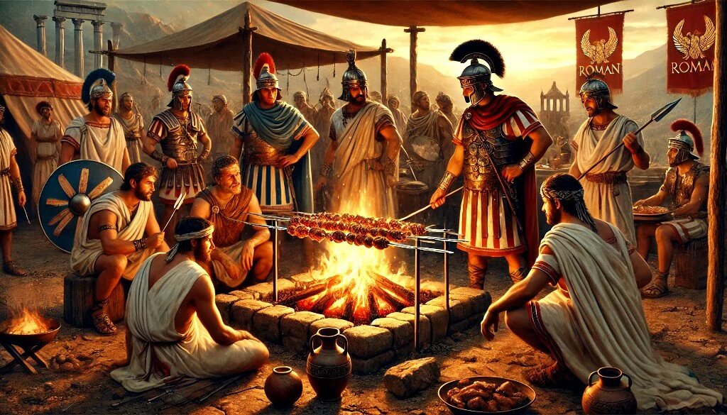 Римские солдаты жарят мясо у костра