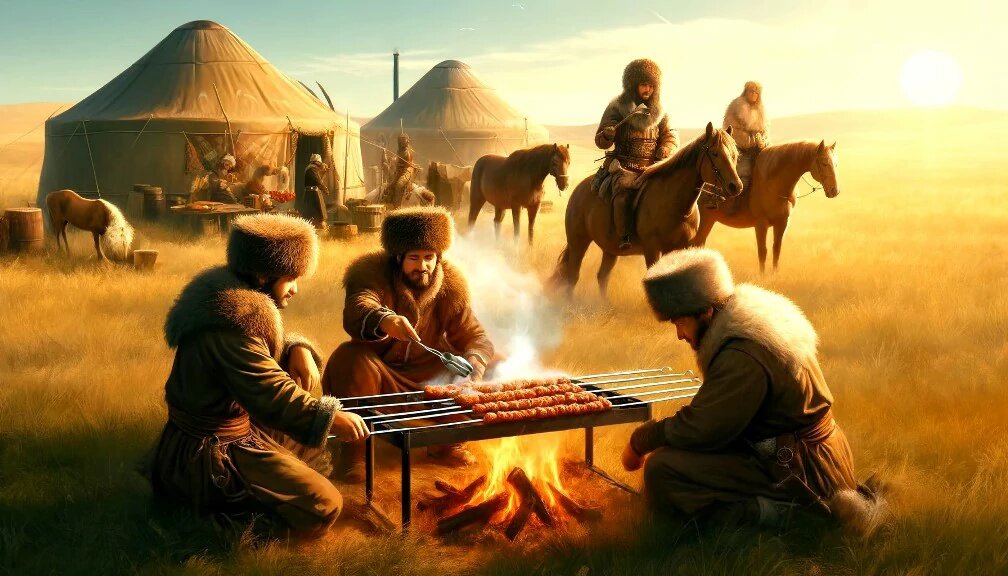 Кочевники готовят шашлык в степи