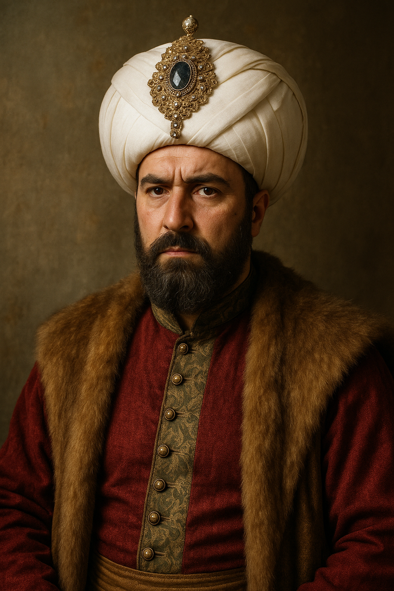 Султан Мурад III — повелитель, заточённый в золоте власти
На этом портрете — величественный и молчаливый султан Мурад III. Его взгляд строг, как приговор, а одежда говорит громче слов: глубокий бордовый кафтан, меховая мантия и тюрбан с инкрустированной драгоценностями брошей. Он не просто правитель — он дух эпохи, в которой любовь была смертельной роскошью.