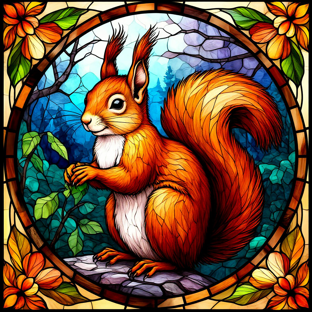Витраж сказки про Белочку Милочку. Картинка создана автором в Шедеврум
