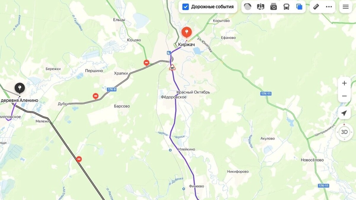 После ЧП в Киржачском районе были перекрыты несколько дорог. Фото: скриншот «Яндекс.Карты»