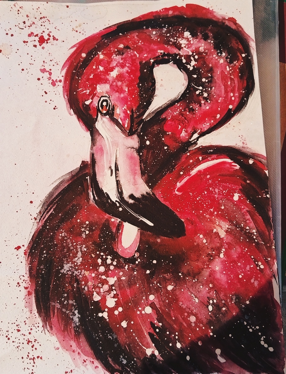 моя работа "Космический фламинго" акварелью