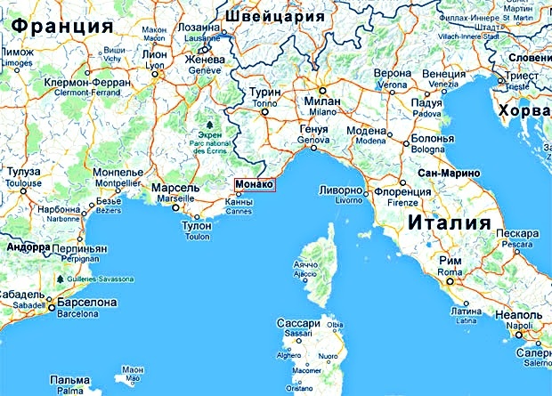 Монако на карте Европы