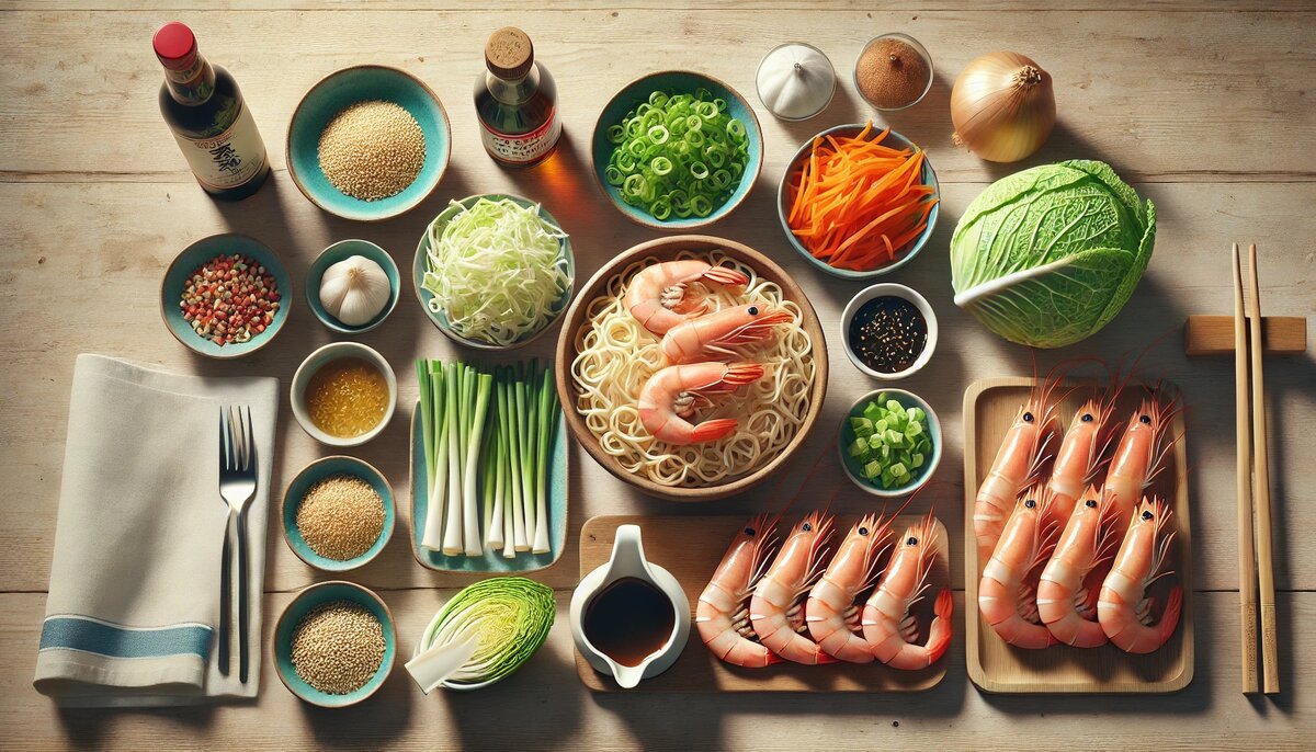 ингредиенты для якисобы с креветками, разложенные на столе