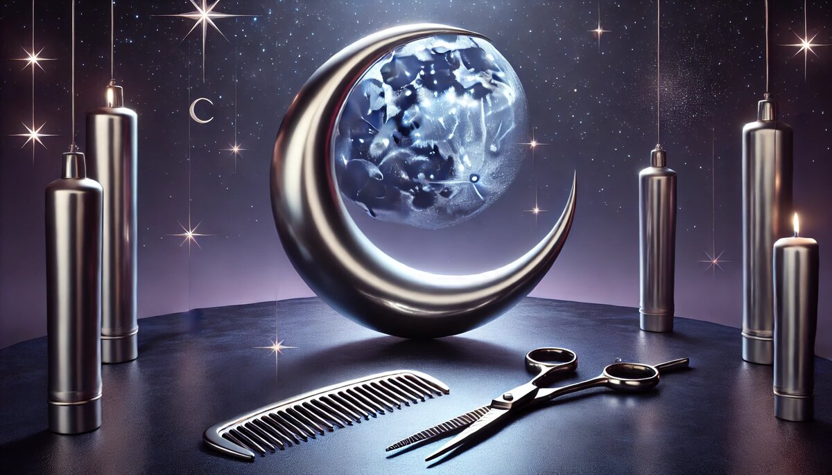 На фоне тёмно-синего звёздного неба сияет серебристый серп Луны. Под ним — парикмахерские ножницы и расчёска в металлическом блеске, отражающие лунный свет. Иллюстрация символизирует уход за собой по лунному календарю