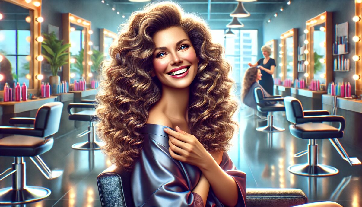 Зрелая женщина с длинными вьющимися волосами сидит в кресле парикмахерской. Она улыбается с уверенностью и радостью. Вокруг — обычная обстановка салона: зеркала, инструменты и лёгкая суета буднего дня