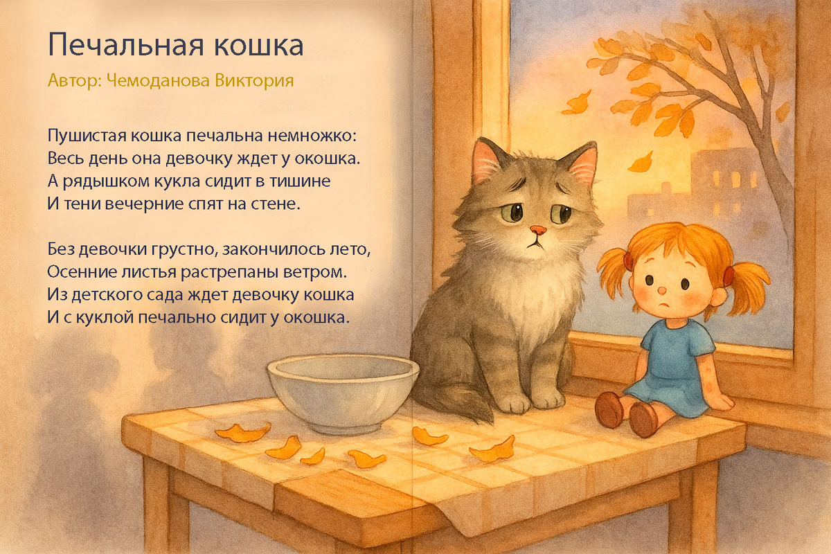 Печальная кошка https://v-chemodanova.ru/stihi-dlya-detey/kotenok-zhdet-tebya-poem/