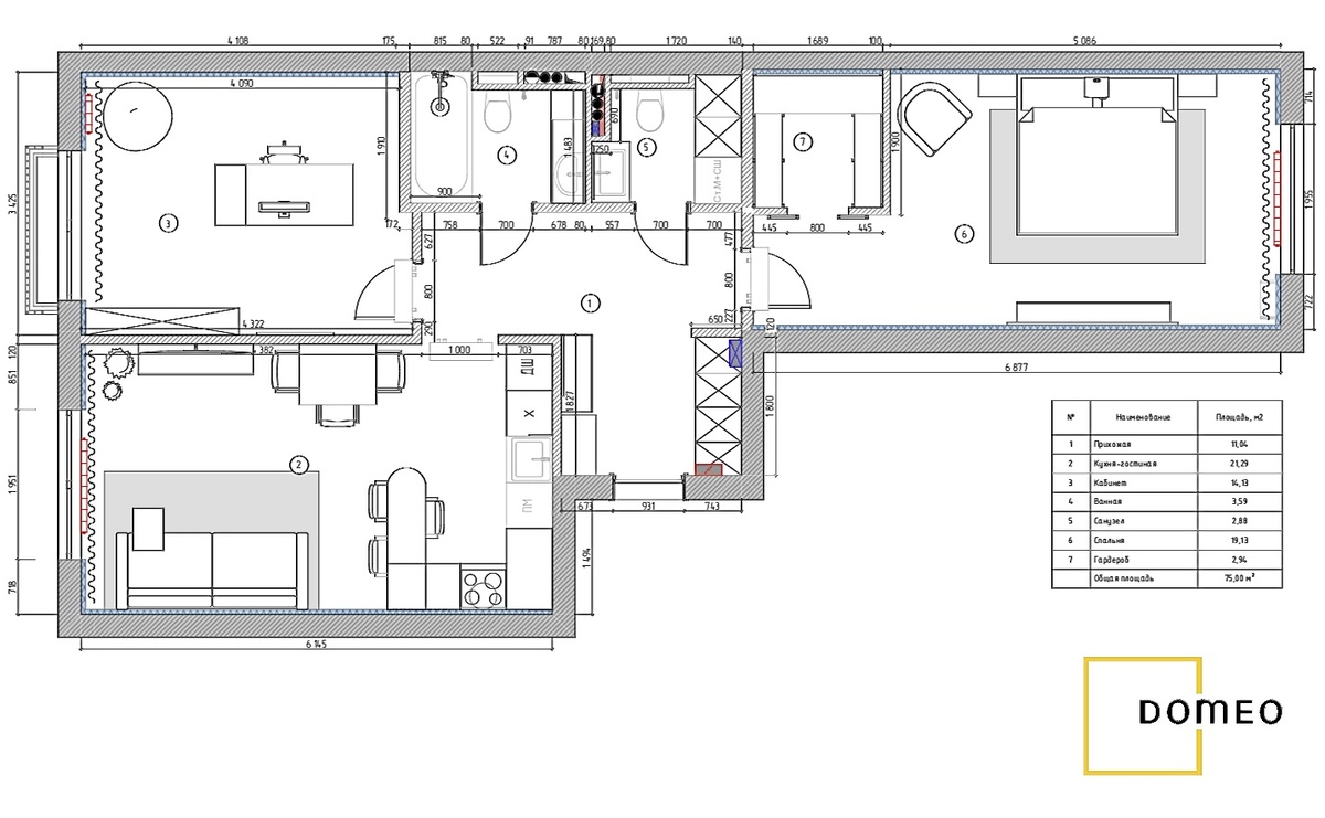 Планировка квартиры с планом расстановки мебели. 76 м²