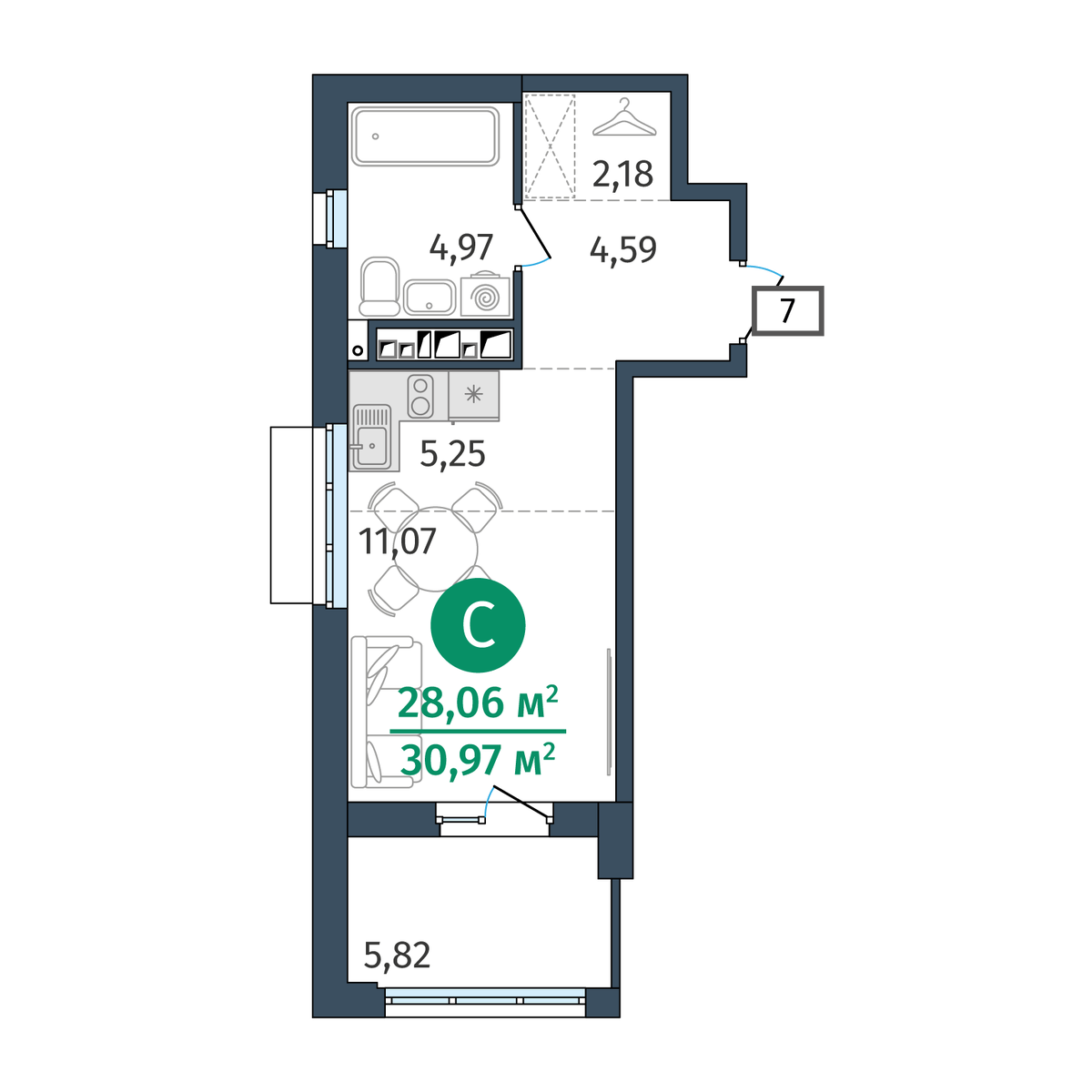 студия с окном в санузле