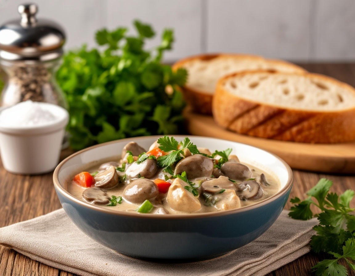 Куриные сердечки с шампиньонами в сливочной подливе