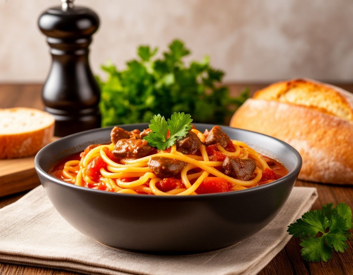 Спагетти с куриными сердечками в томатной подливе