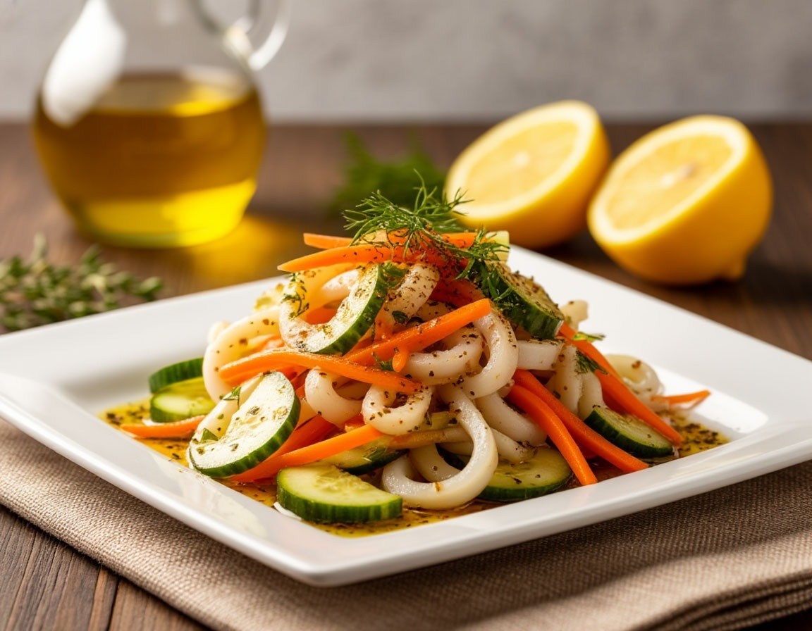 Салат с кальмарами и овощами