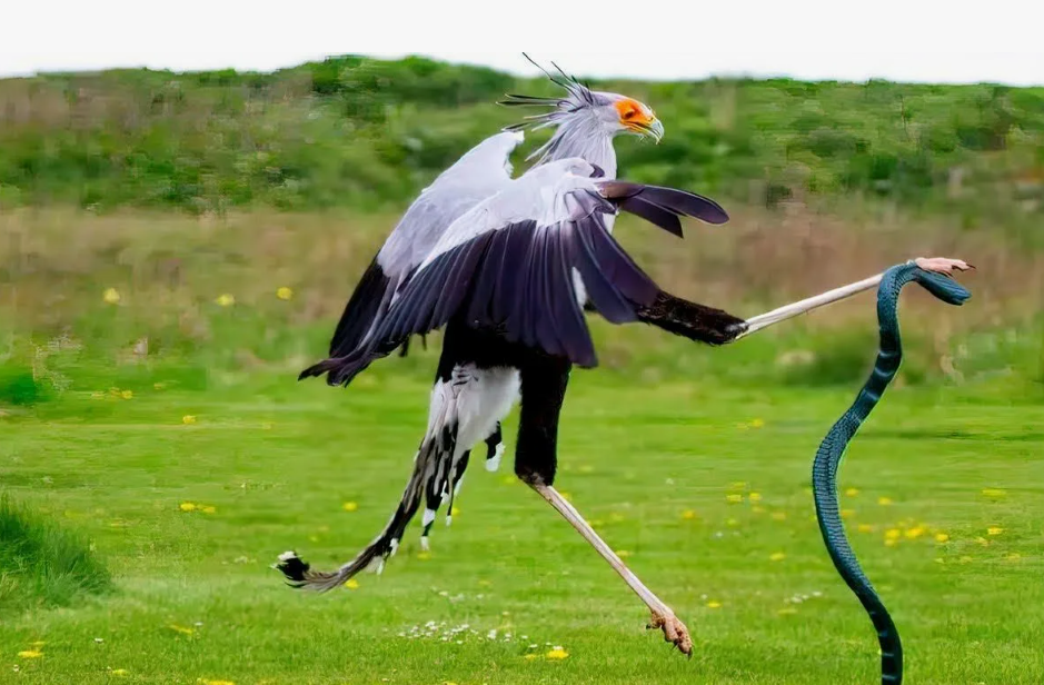 Секретарь — один из немногих пернатых, кто специализируется на охоте на змей. И делает это с поразительной грацией и точностью. У него нет крепких когтей, как у орла, зато есть длинные сильные ноги, которыми он бьёт, как каратист. Удары чёткие, молниеносные, часто сверху вниз, иногда в прыжке. Даже птенцы тренируются: в гнезде они отрабатывают удары по подстилке — как маленькие бойцы в тренировочном лагере.