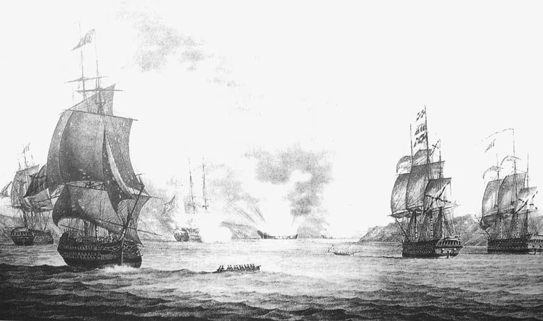 Истребление Российским отрядом под командованием контр-адмирала А.С. Грейга
одного турецкого корабля и двух фрегатов. 21 июня 1807 года.
Фрагмент гравюры из книги В.Б. Броневского