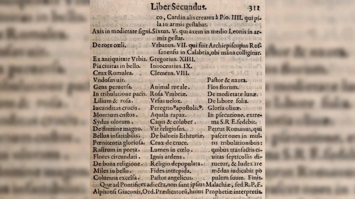 Заключительная часть «Пророчества о папах» в «Древе жизни» («Lignum Vitae») (1595), фрагмент стр. 311