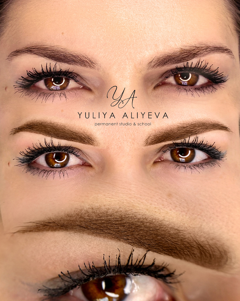 На фото – перекрытие татуажа бровей в технике Airy Brows, фото до и результат сразу после процедуры