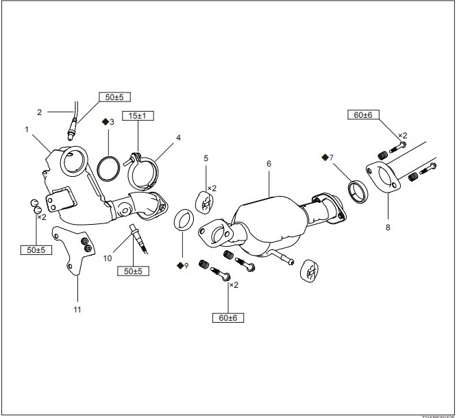 1. Передний каталитический нейтрализатор
2. Передний датчик кислорода
3. Уплотнительное кольцо
4. Хомут крепления выхлопной трубы
5. Подвес передней выхлопной трубы
6. Задний каталитический нейтрализатор
7. Уплотнительная прокладка
8. Дополнительный глушитель
9. Уплотнительное кольцо
10. Нижний датчик кислорода
11. Кронштейн переднего каталитического нейтрализатора