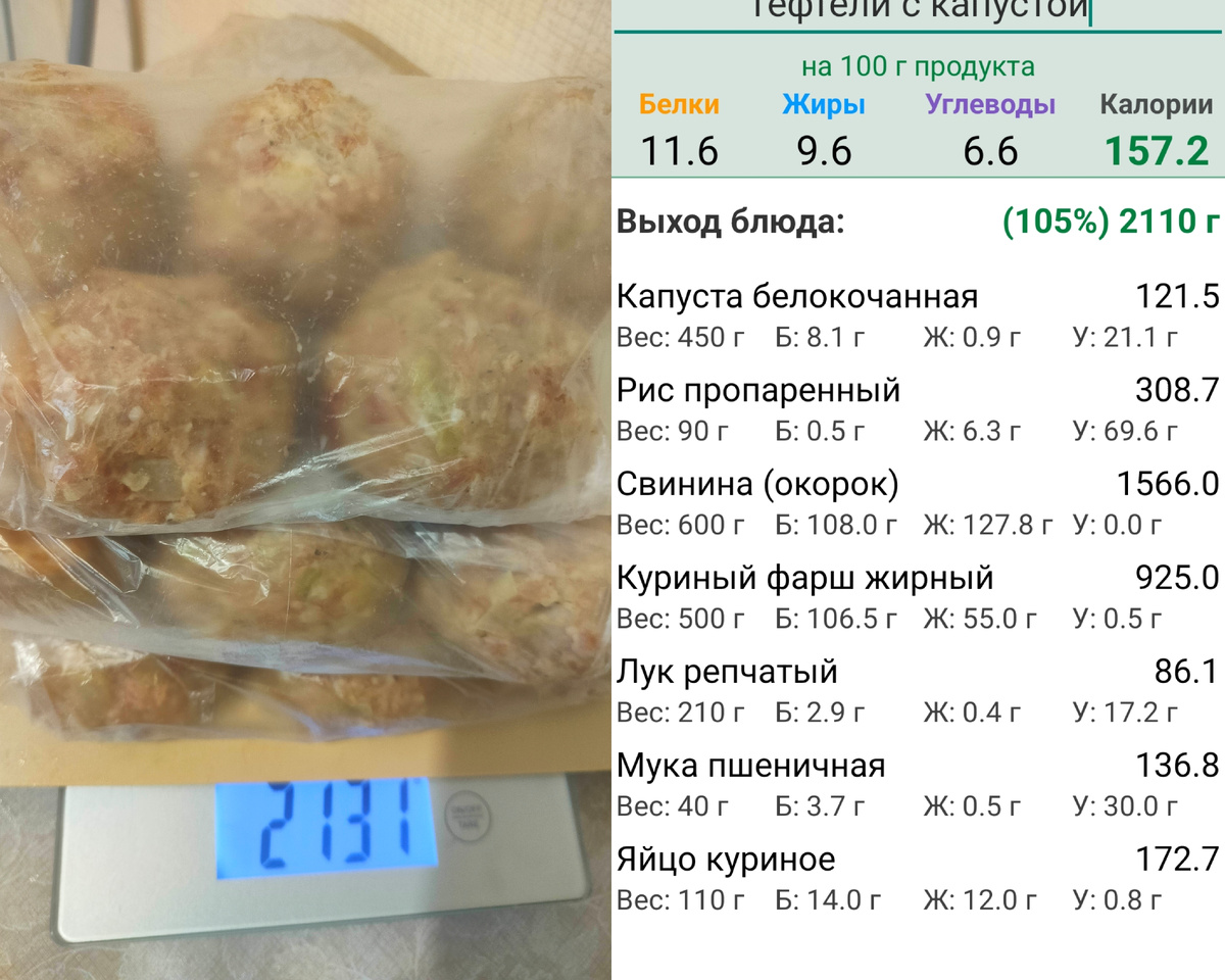тефтели с капустой 21шт 2100гр 21шт 157ккал/100гр