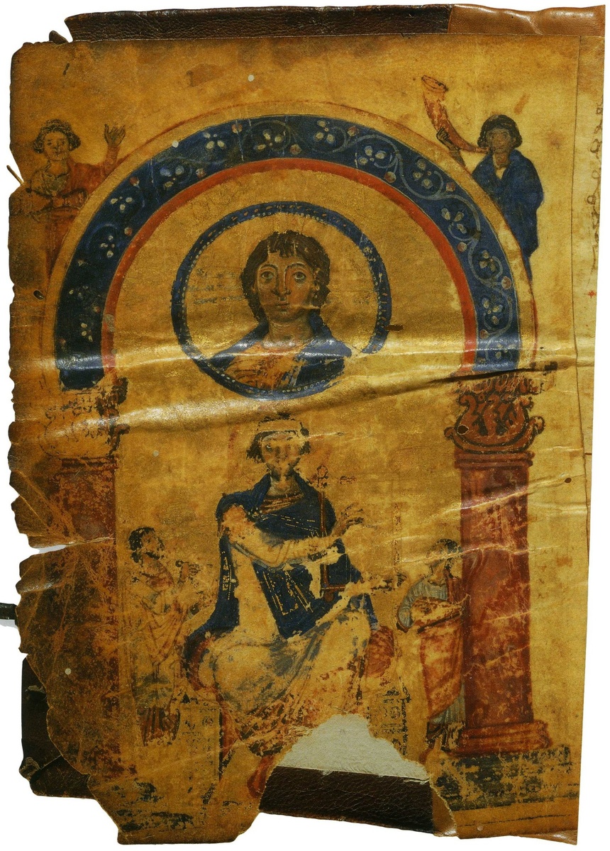 Хлудовская Псалтирь 840 - 850-е гг. (ГИМ, греч. 129-д). Давид в окружении музыкантов.