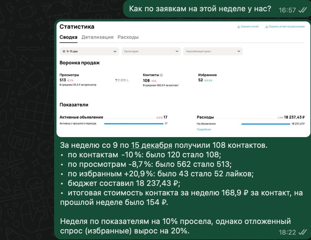 Пример краткого недельного отчета. После получения обратной связи формируется план действий на следующую неделю. 