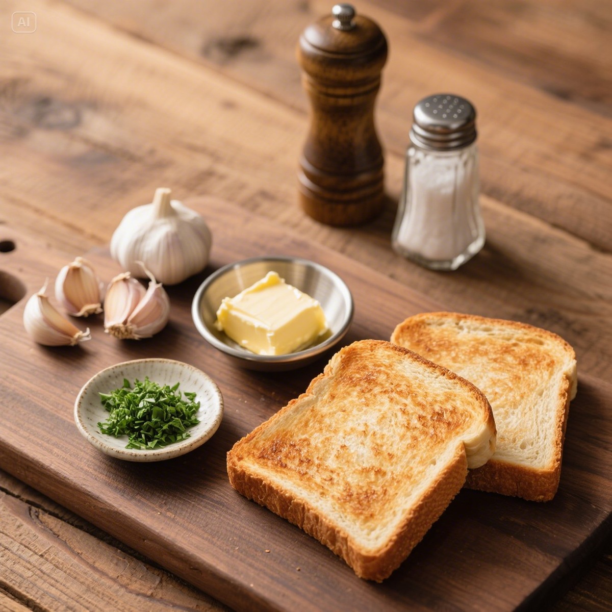 Толстые ломтики тоста — 2 шт.

Сливочное масло — 50 г

Зубчики чеснока — 3 шт.

Сушеная петрушка — 1 ч.л.

Соль, черный перец — по вкусу