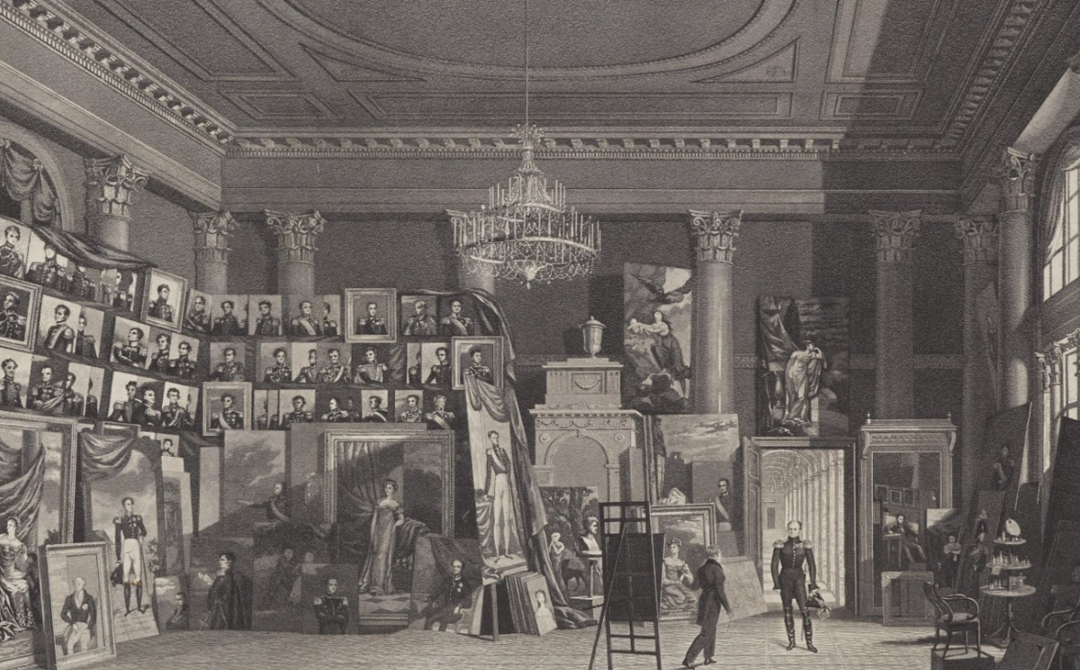 Фрагмент гравюры Т.Райта с изображением мастерской Дж. Доу в Шепелевском дворце. Изображение из открытых источников.