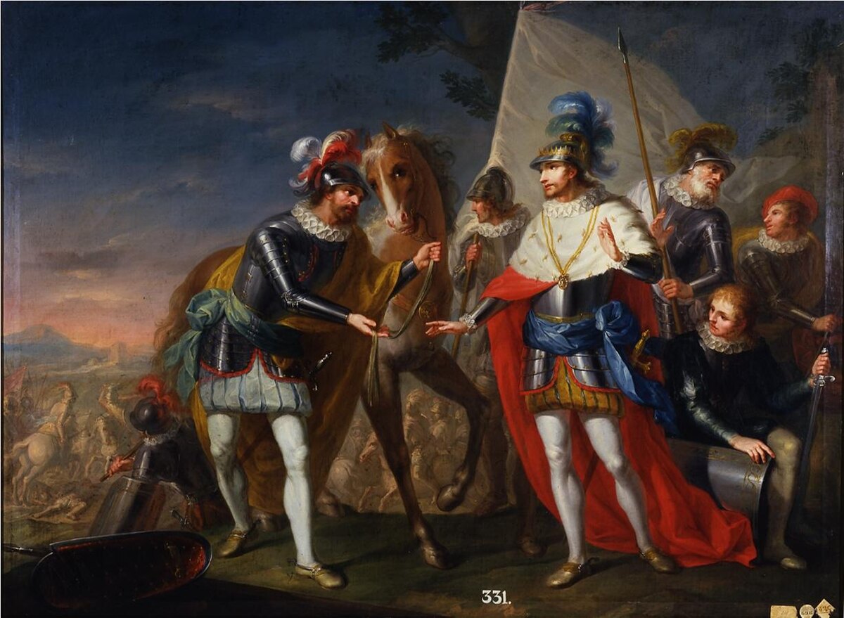 На картине изображен король Хуан I Кастильский (1358-1390), получающий коня от Педро Гонсалеса де Мендосы во время битвы при Альхубарроте, состоявшейся в 1385 году, чтобы кастильский монарх мог бежать с поля боя, в котором кастильская армия была полностью разгромлена. https://es.wikipedia.org