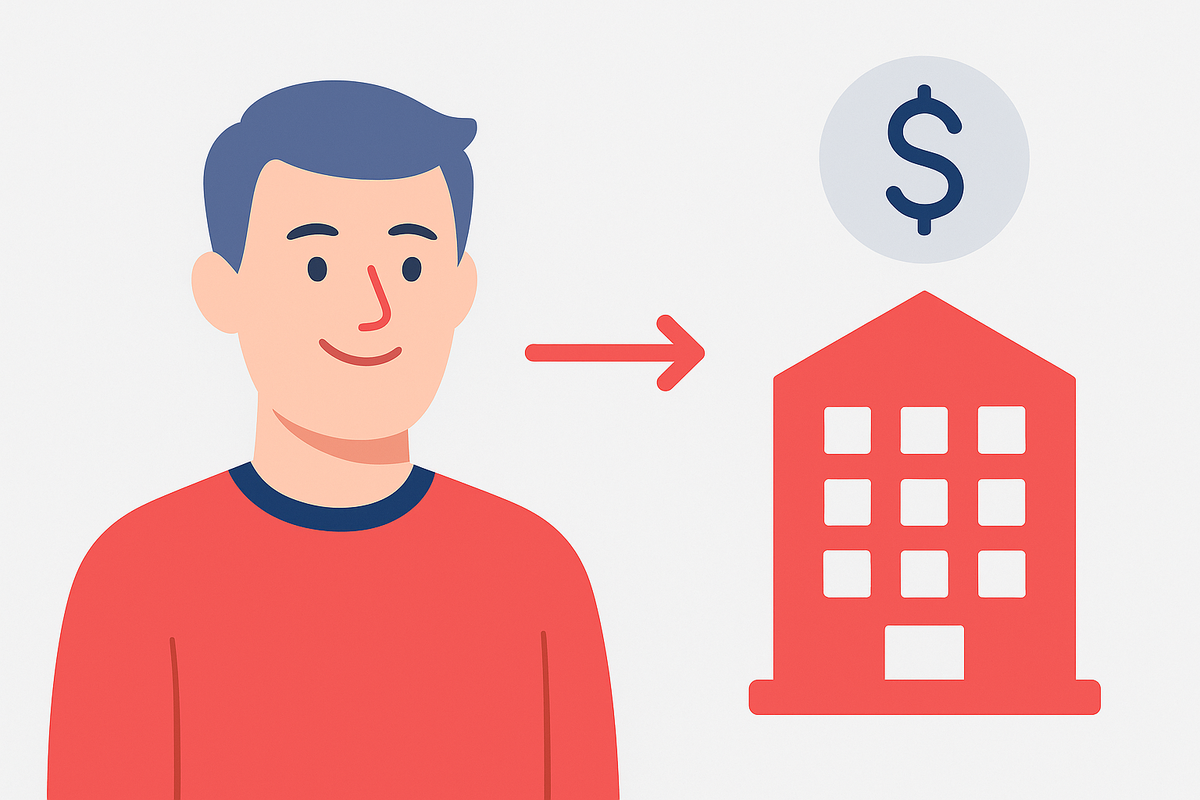 Изображение показывает человека в центре, окруженного символами денег, документов и графиков, символизирующими концепцию "бенефициара" — настоящего получателя прибыли.