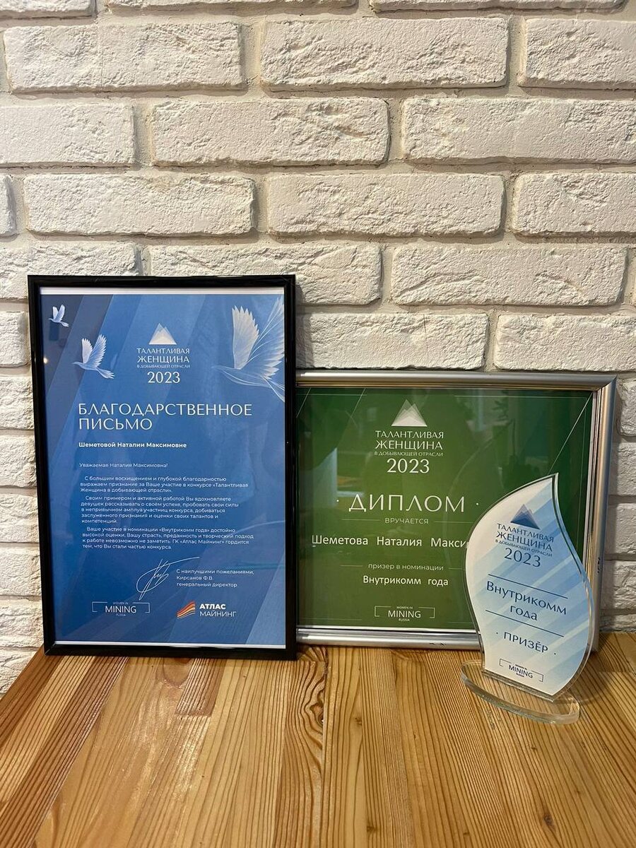 Первый этап реализации идей завершился получением награды - статусом талантливой женщины добывающей отрасли (работала в промышленности). Происходящее для меня - знак верно выбранного направления