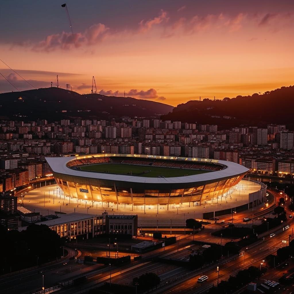 Город Бильбао Испания с расположенным рядом стадионом для футбола.