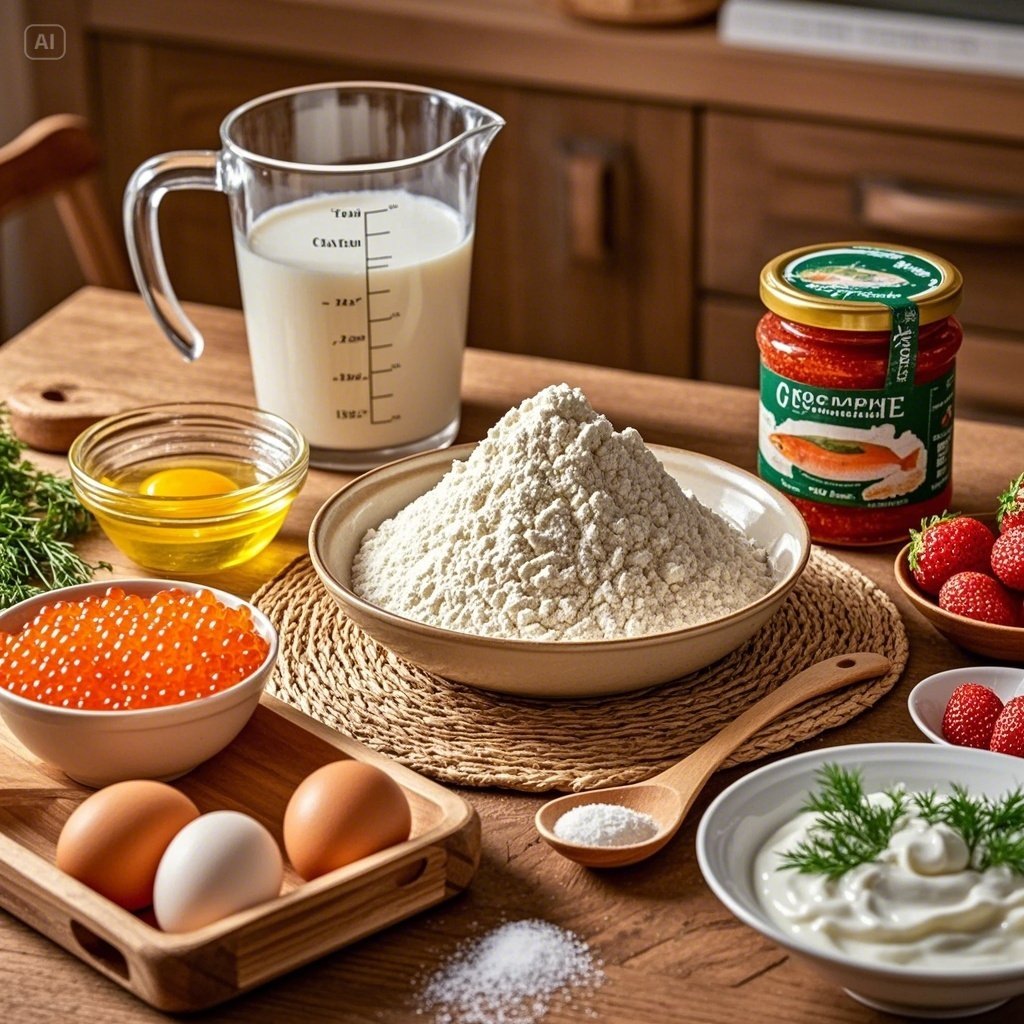 Мука — 200 г

Молоко — 300 мл

Яйца — 2 шт.

Сливочное масло (растопленное) — 30 г

Сахар — 15 г

Соль — 2 г

Для подачи: сметана, красная икра, джем, укроп