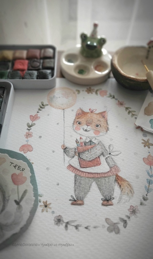 Кошечка в передничке.Акварельные краски+карандаши.