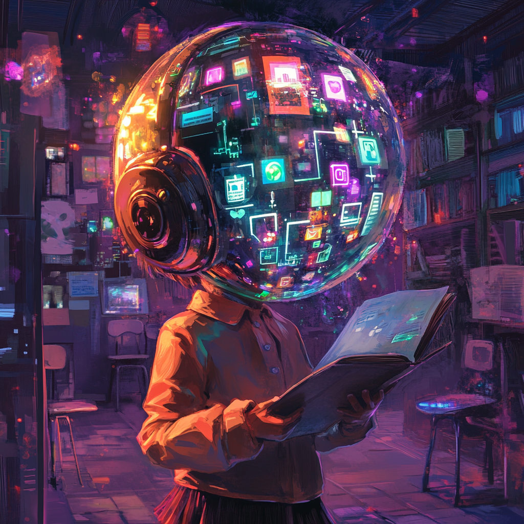 Иллюстрация к теме: тупеют ли люди от гаджетов? Ребёнок с цифровой головой среди книг — метафора влияния технологий и соцсетей на мышление и образование.