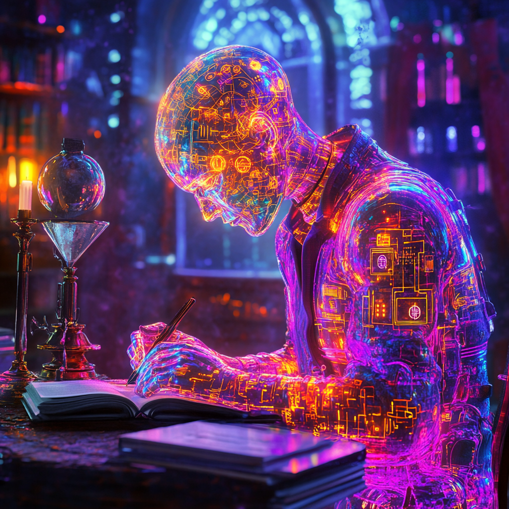 Искусственный интеллект в образе цифрового писателя — метафора того, как технологии меняют способы мышления. Мы живём в мире, где граница между разумом и алгоритмом размывается. Но становятся ли люди глупее, или просто меняется форма интеллекта?