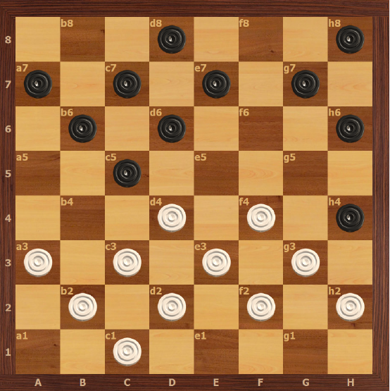1. c3-d4 h6-g5 2. b2-c3 g5-f4 3. e3xg5? f6xh4 4. a1-b2 d6-c5 5. d2-e3 c7-d6 6. g3-f4 b8-c7 7. e1-d2 g7-h6 8. h2-g3 f8-g7?  (8…f6- +) 9. g1-h2 g7-f6?? (см.картинку) 10. a3-b4! c5xa3 11. f4-e5 d6xf4 12. e3xg5 h6xf4 13. g3xe5xg7 h8xf6 14. d4-c5 b6xd4 15. c3xe5xg7X
