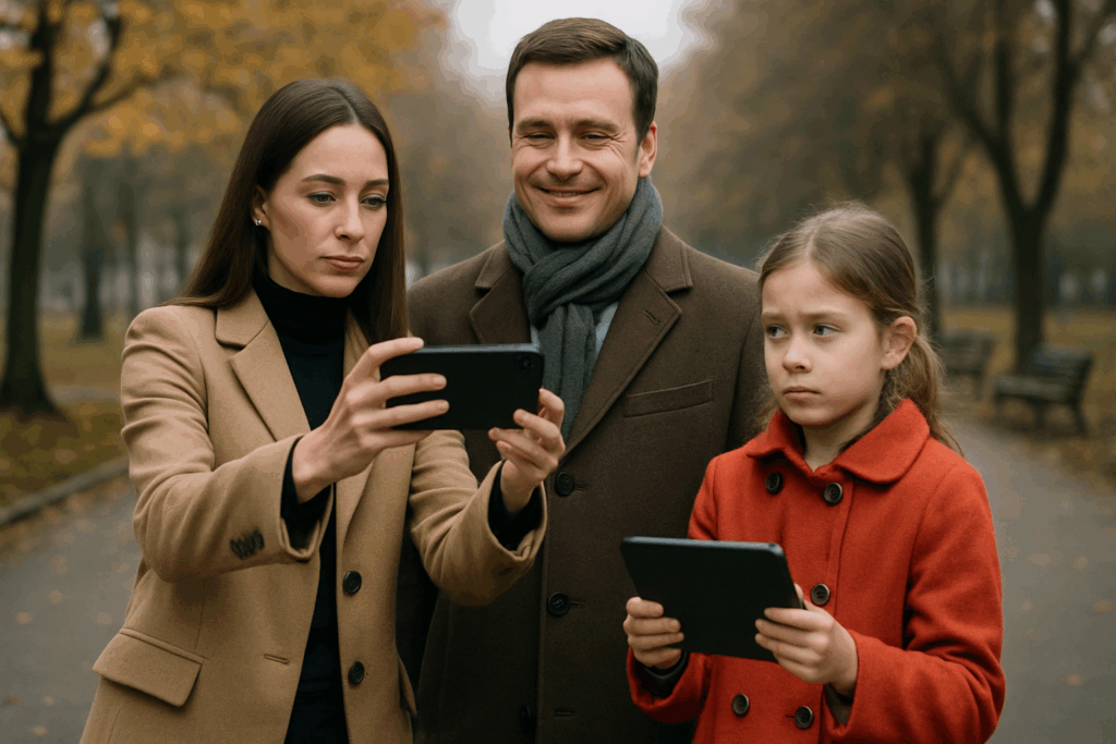    Молодая пара делает селфи в осеннем парке, мужчина с натянутой улыбкой, женщина сосредоточенно держит телефон, их дочь с планшетом смотрит на них с лёгким разочарованием." Уютный уголок