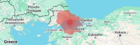 Зона воздействия произошедшего землетрясения в Стамбуле 