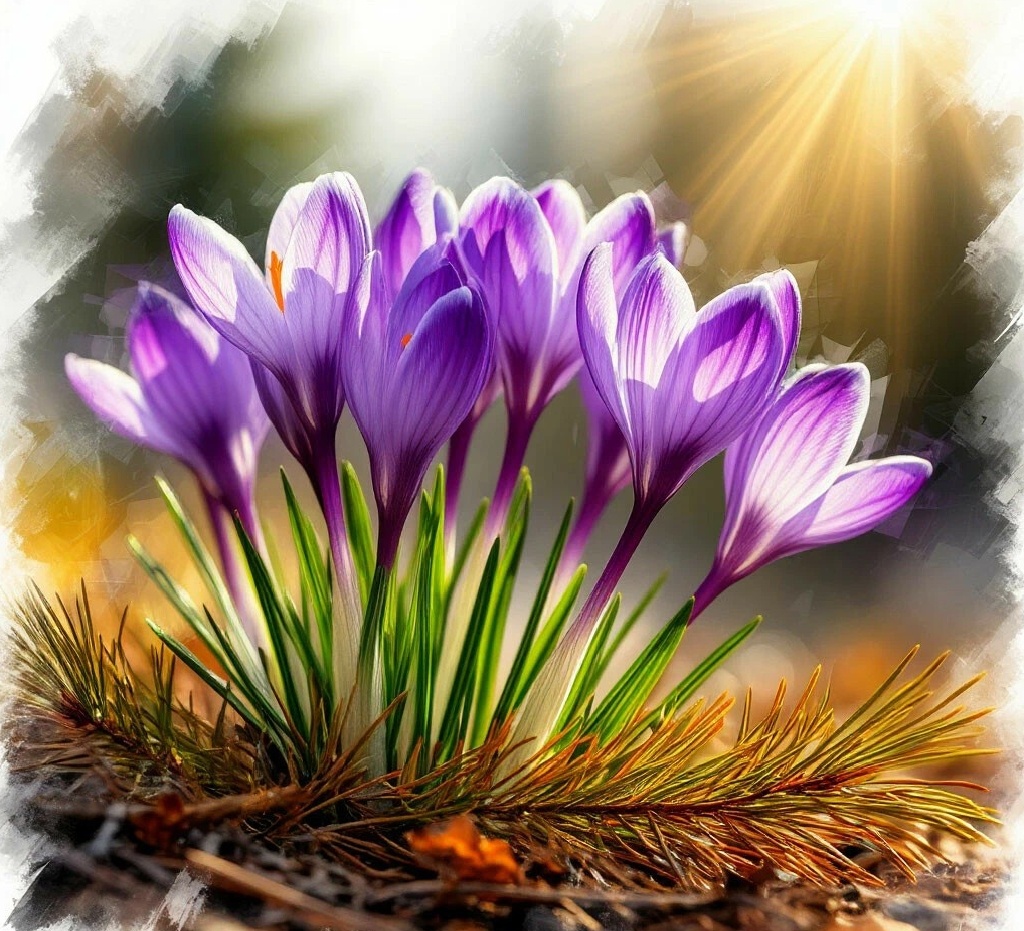 фото: крокусы и ветки ели