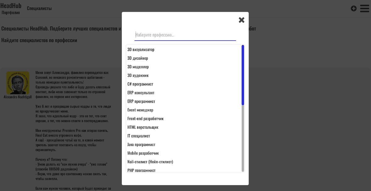 Список профессий для размещения портфолио на онлайн сервисе